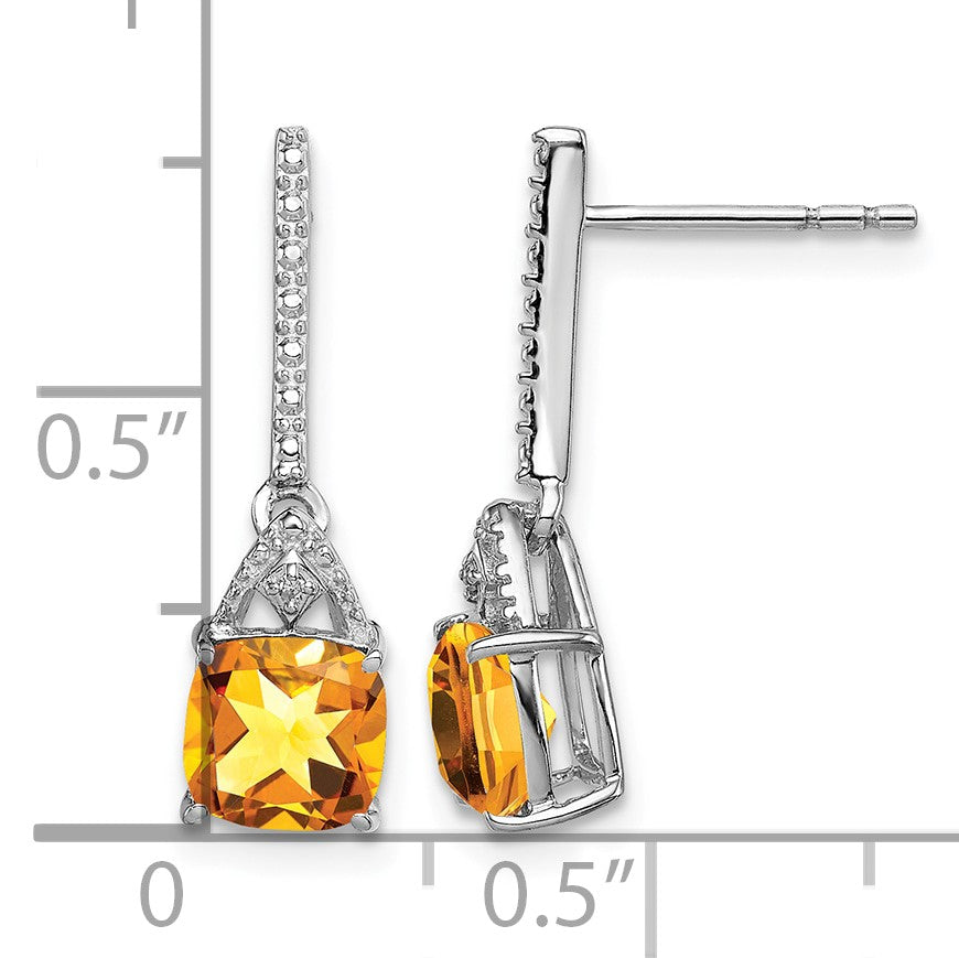 Sterling Silver Rhodium Plated Diamond and Citrine Post Earrings
