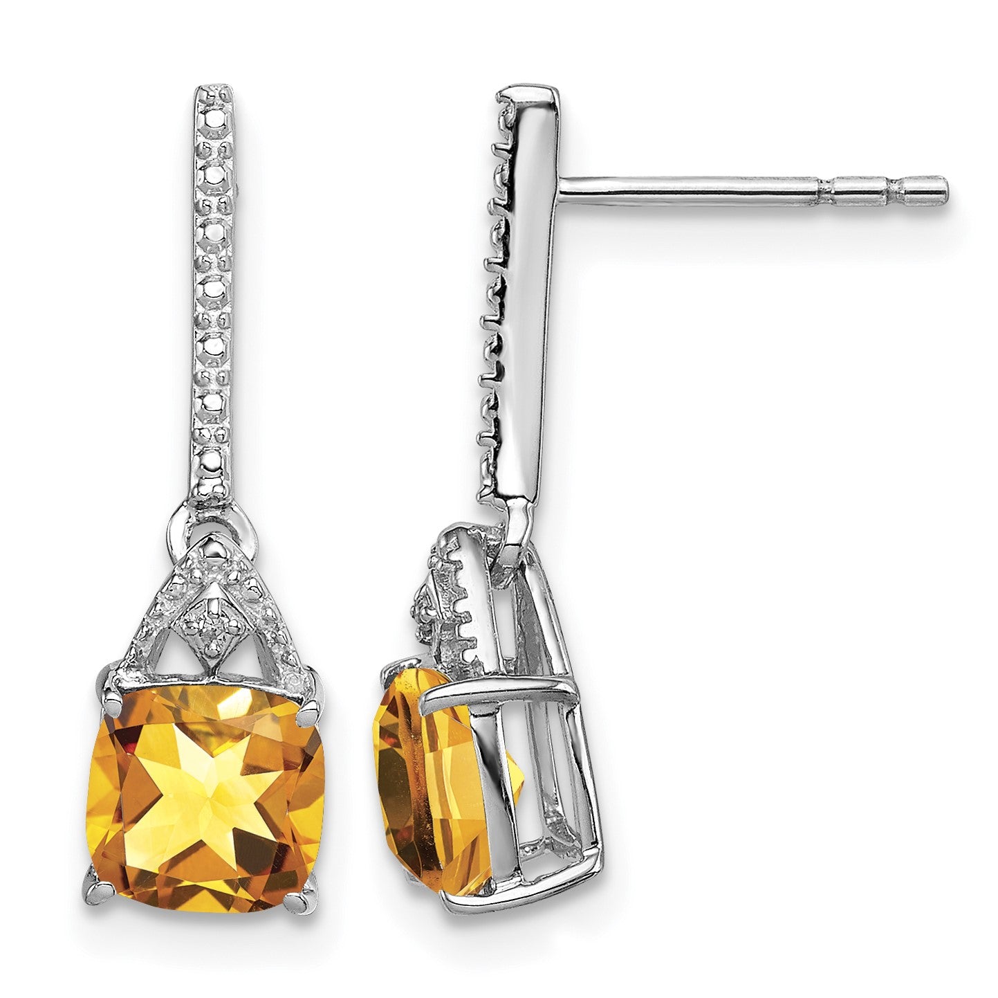 Sterling Silver Rhodium Plated Diamond and Citrine Post Earrings