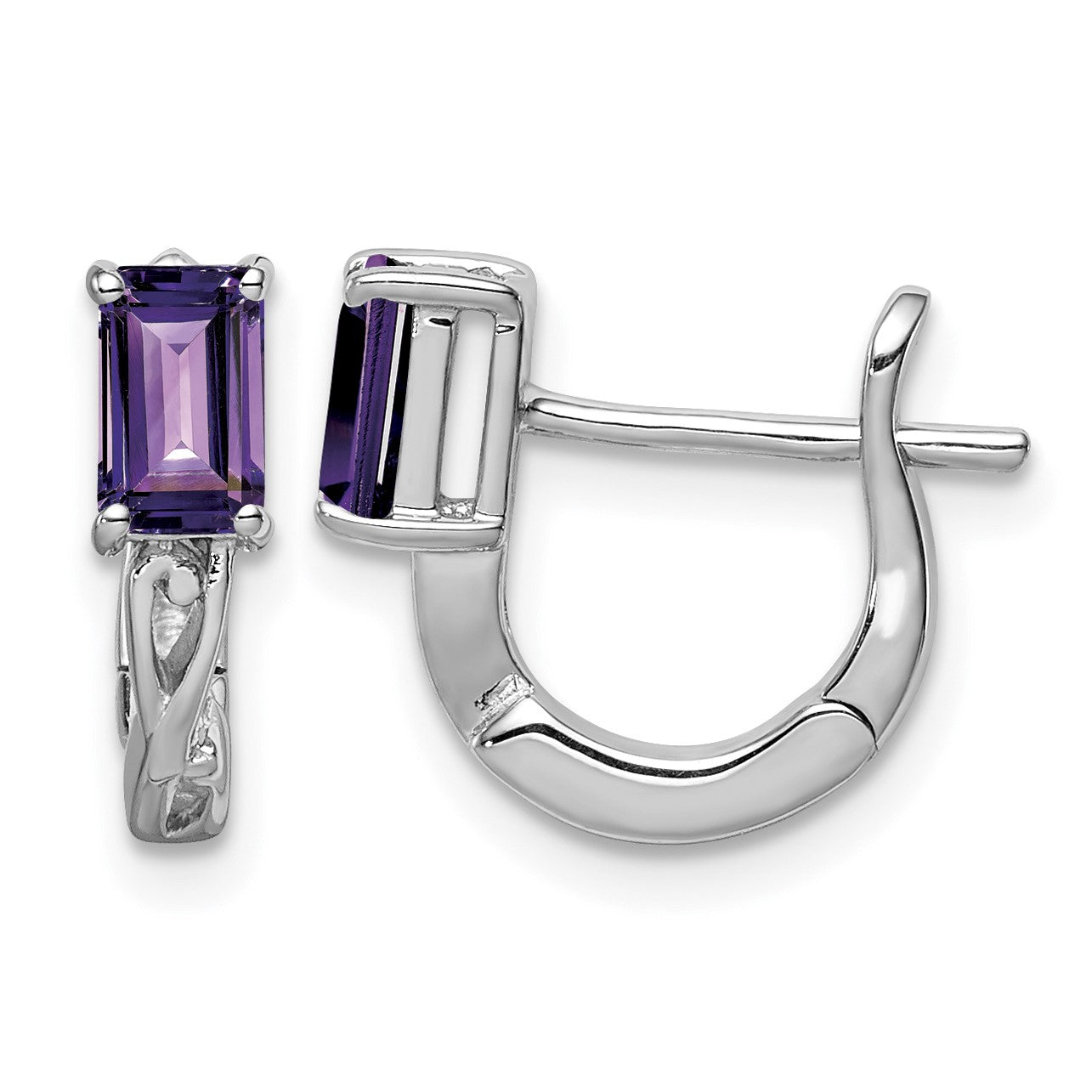 Sterling Silver Rhodium Plated Amethyst Hinged Hoop Earrings