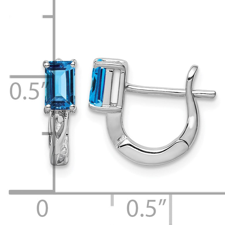 Sterling Silver Rhodium Plated Blue Topaz Hinged Hoop Earrings