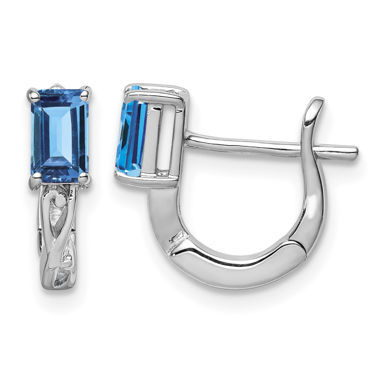 Sterling Silver Rhodium Plated Blue Topaz Hinged Hoop Earrings