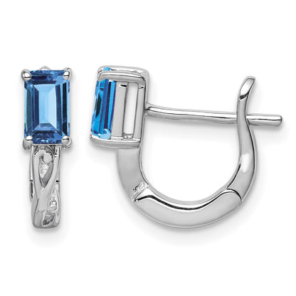 Sterling Silver Rhodium Plated Blue Topaz Hinged Hoop Earrings