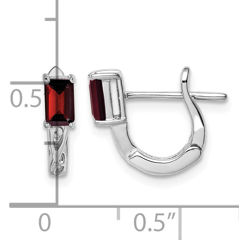 Sterling Silver Rhodium Plated Garnet Hinged Hoop Earrings