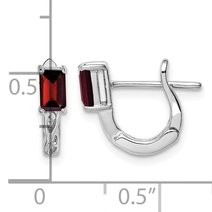 Sterling Silver Rhodium Plated Garnet Hinged Hoop Earrings
