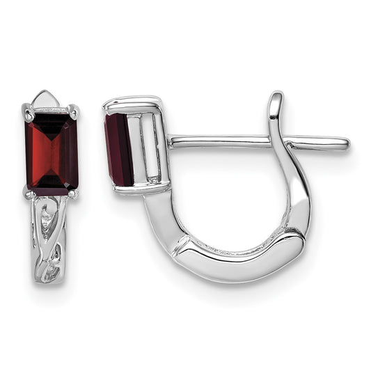 Sterling Silver Rhodium Plated Garnet Hinged Hoop Earrings