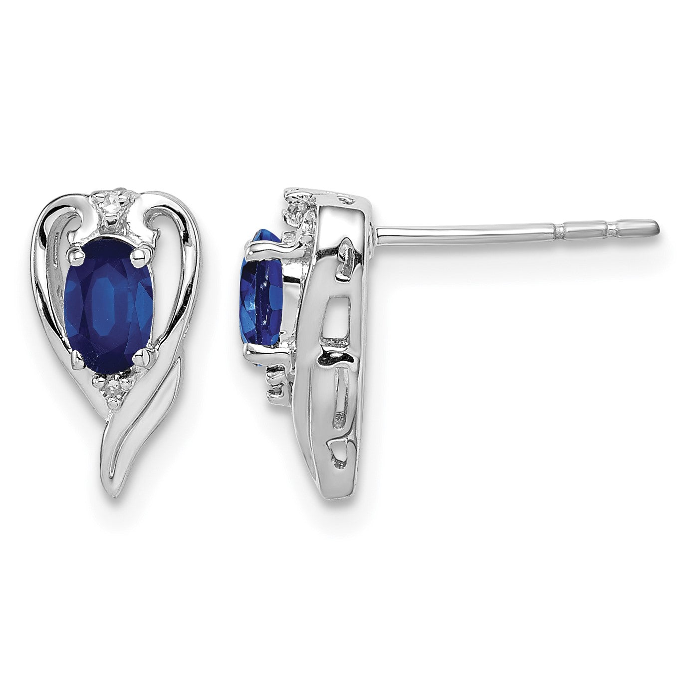 Sterling Silver Rhodium Plated Diamond & Sapphire Post Earrings