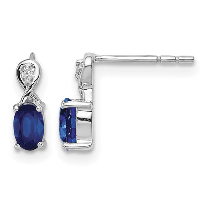 Sterling Silver Rhodium Plated Diamond & Sapphire Oval Post Earrings