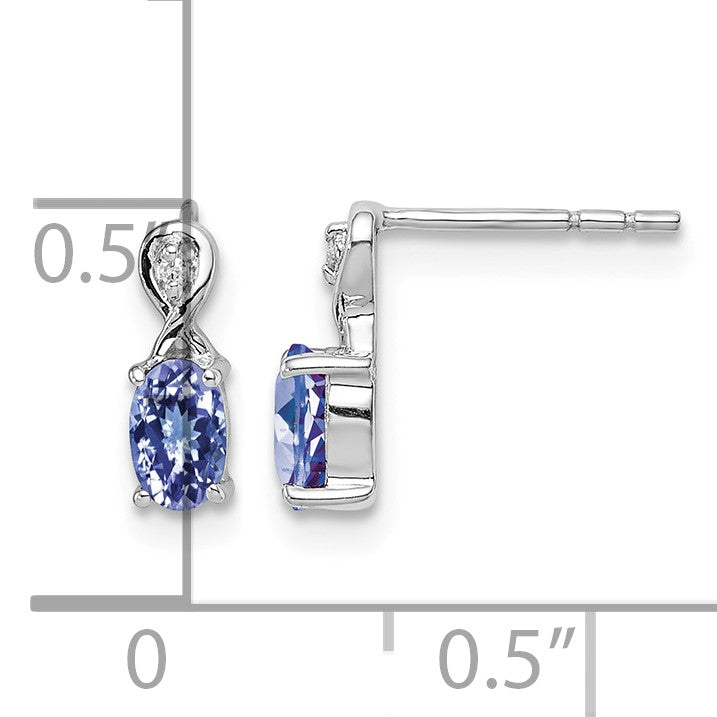 Sterling Silver Rhodium Plated Diamond & Tanzanite Oval Post Earrings