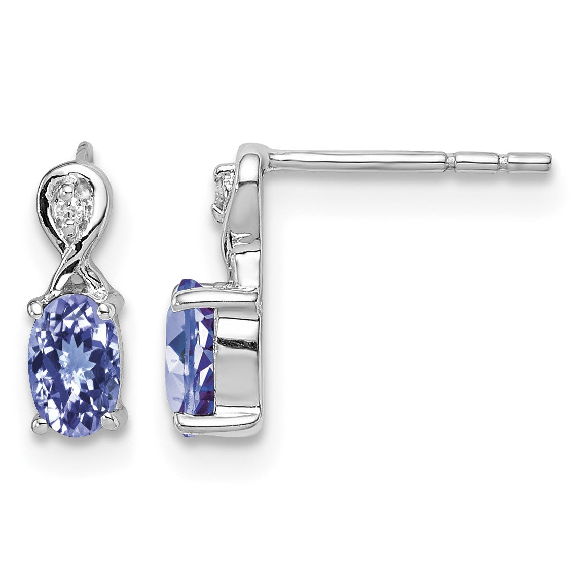 Sterling Silver Rhodium Plated Diamond & Tanzanite Oval Post Earrings