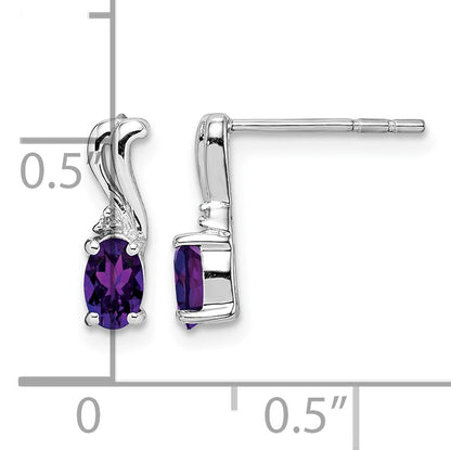 Sterling Silver Rhodium Plated Diamond and Amethyst Oval Post Earrings