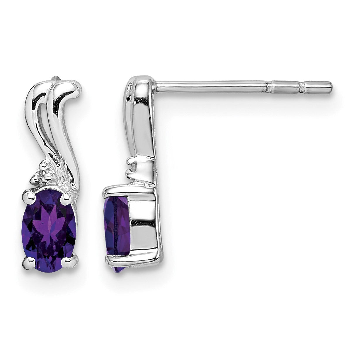 Sterling Silver Rhodium Plated Diamond and Amethyst Oval Post Earrings