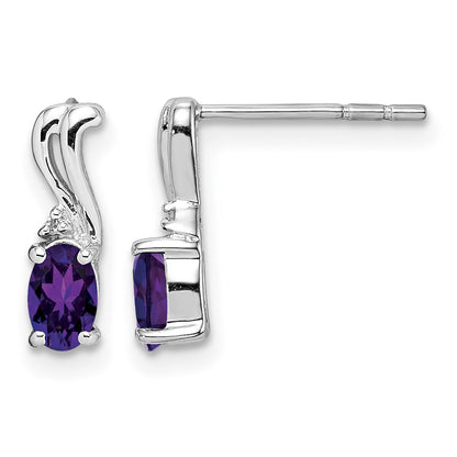 Sterling Silver Rhodium Plated Diamond and Amethyst Oval Post Earrings