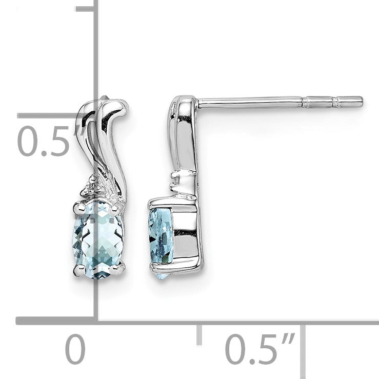 Sterling Silver Rhodium Plated Dia. & Aquamarine Oval Post Earrings