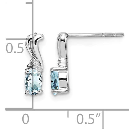 Sterling Silver Rhodium Plated Dia. & Aquamarine Oval Post Earrings