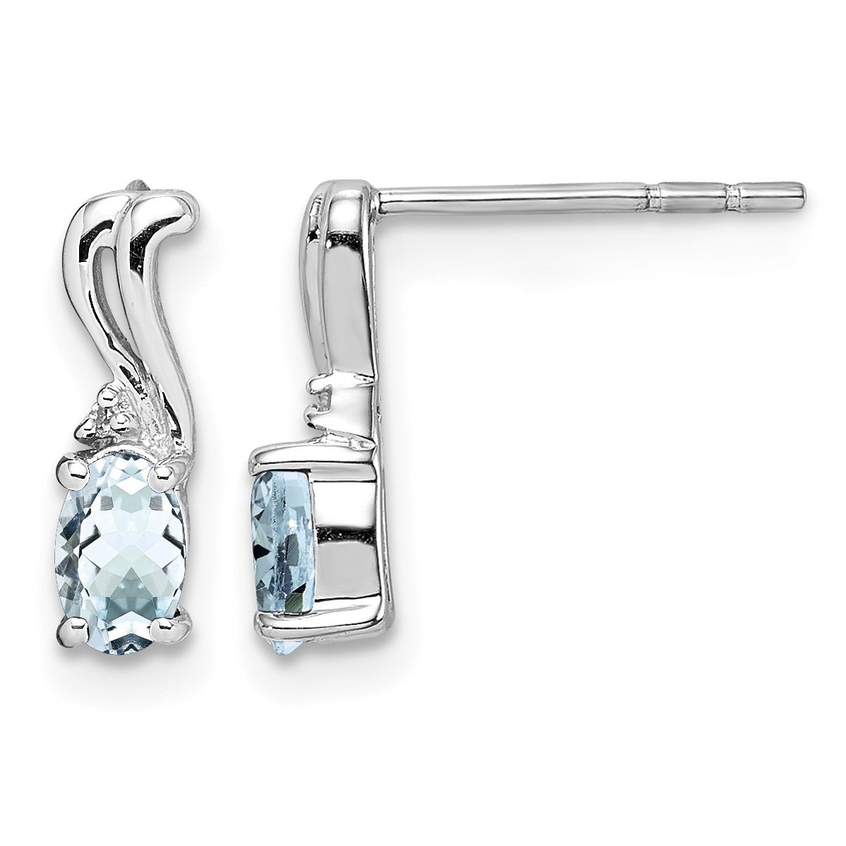 Sterling Silver Rhodium Plated Dia. & Aquamarine Oval Post Earrings