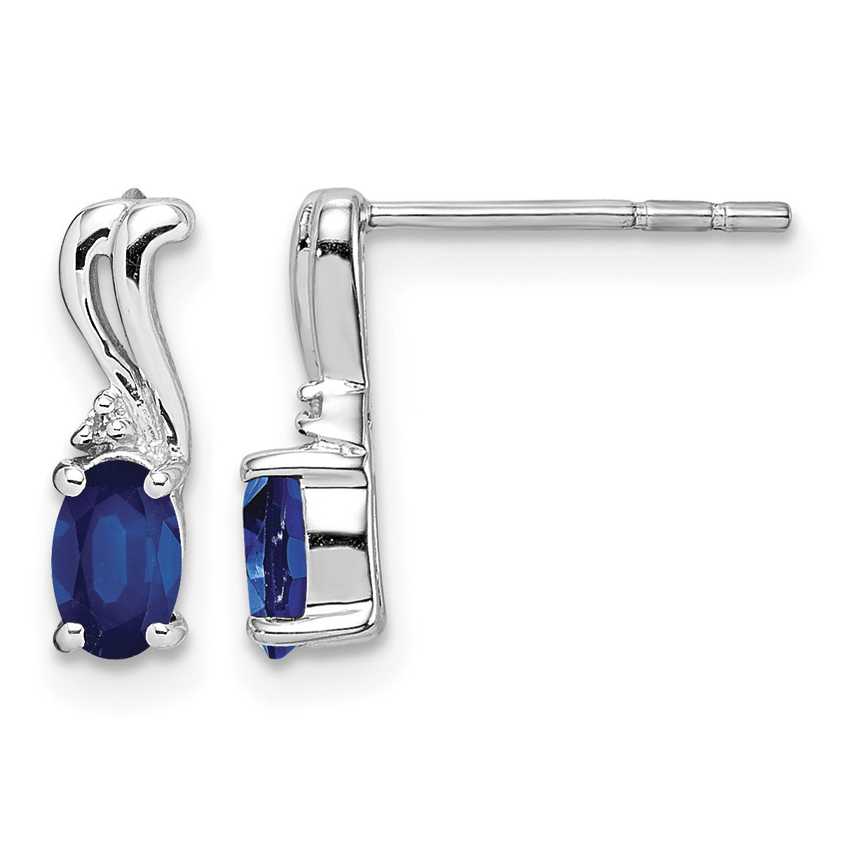 Sterling Silver Rhodium Plated Diamond & Sapphire Oval Post Earrings