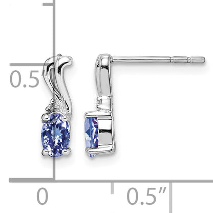 Sterling Silver Rhodium Plated Diamond & Tanzanite Oval Post Earrings