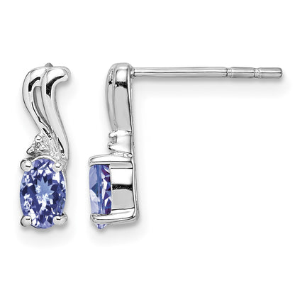 Sterling Silver Rhodium Plated Diamond & Tanzanite Oval Post Earrings