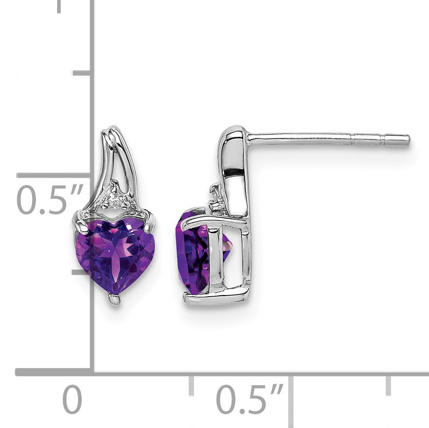 Sterling Silver Rhodium Plated Diamond and Amethyst Heart Post Earrings