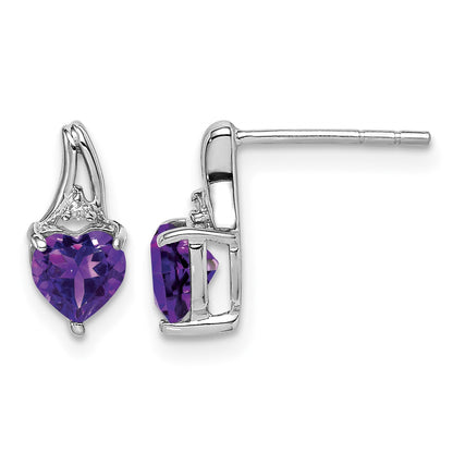 Sterling Silver Rhodium Plated Diamond and Amethyst Heart Post Earrings
