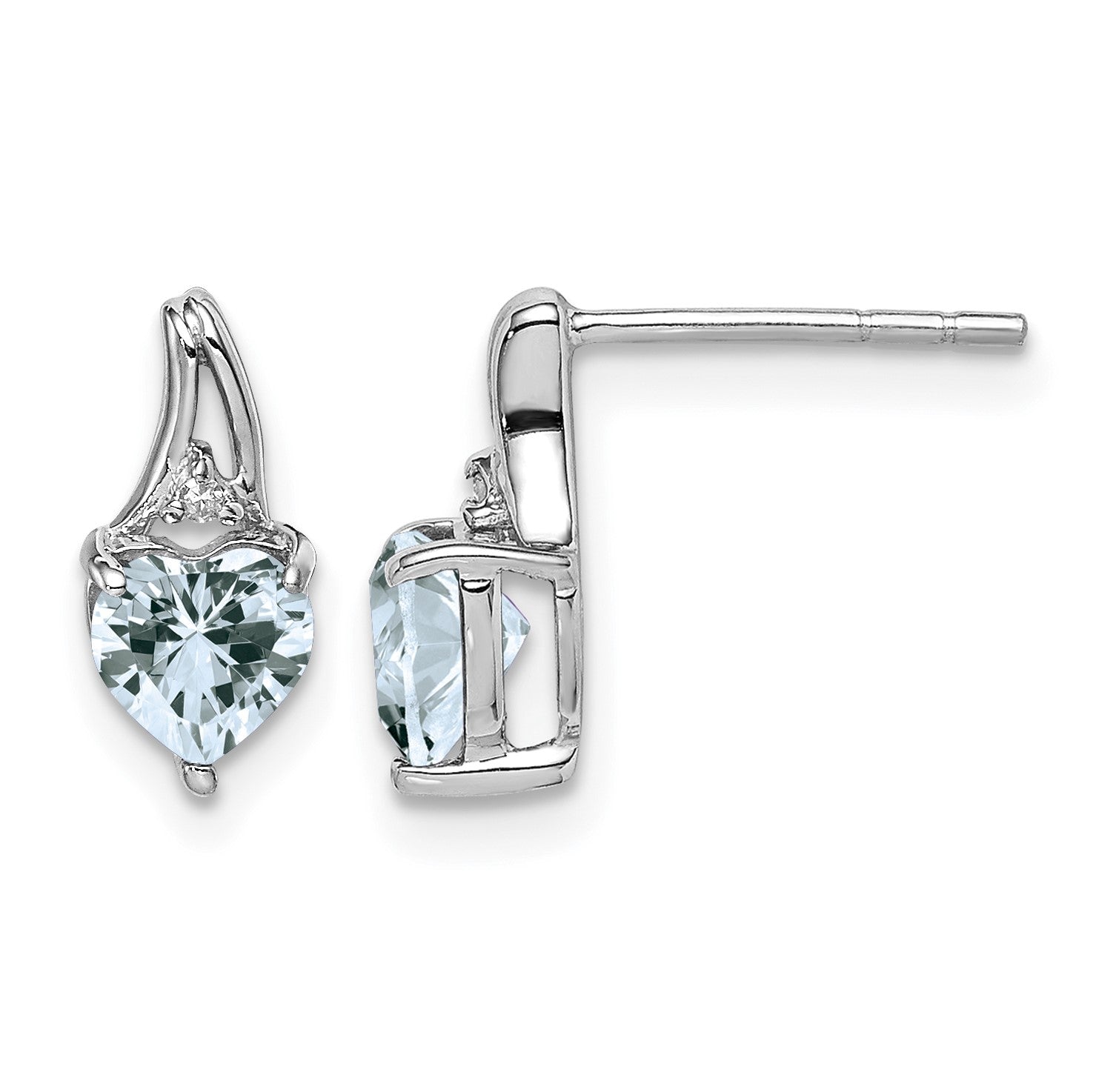 Sterling Silver Rhodium Plated Dia. Aquamarine Heart Post Earrings