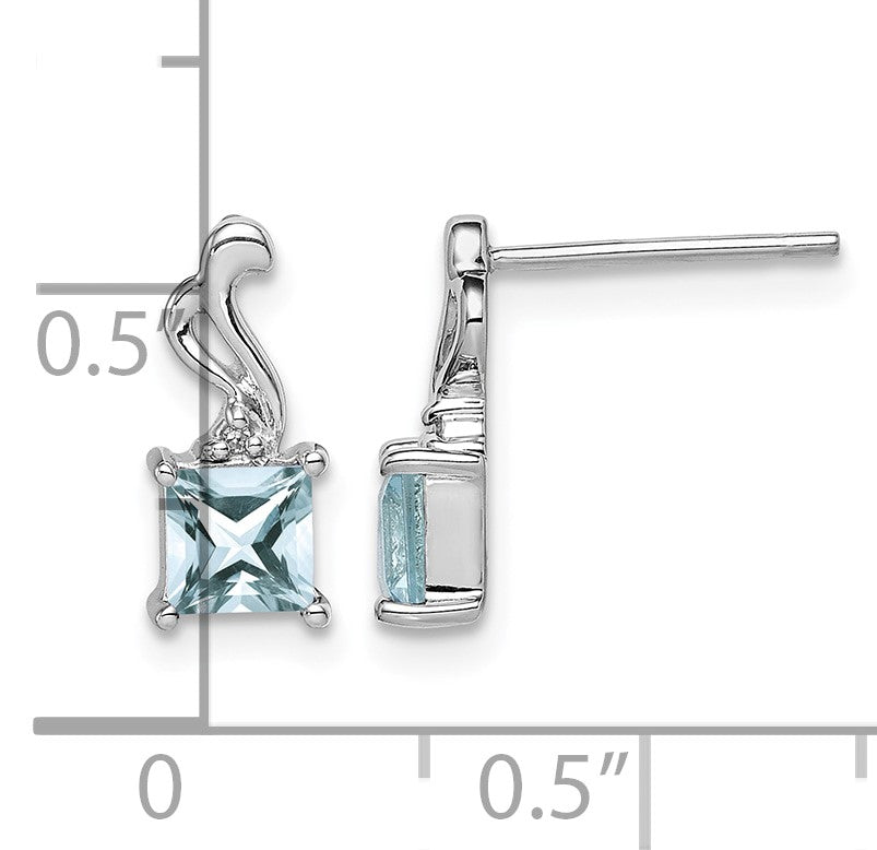 Sterling Silver Rhodium Plated Dia. Aquamarine Square Post Earrings