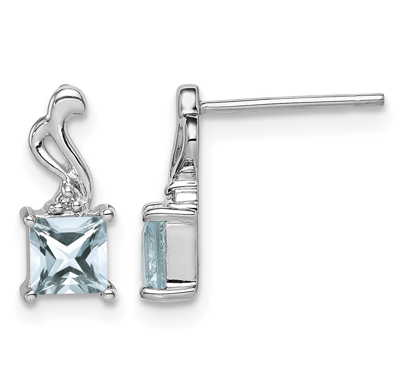 Sterling Silver Rhodium Plated Dia. Aquamarine Square Post Earrings