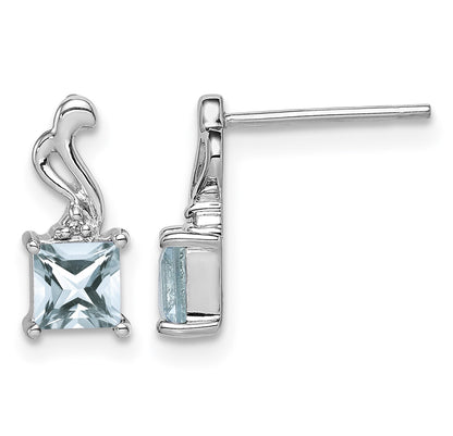Sterling Silver Rhodium Plated Dia. Aquamarine Square Post Earrings