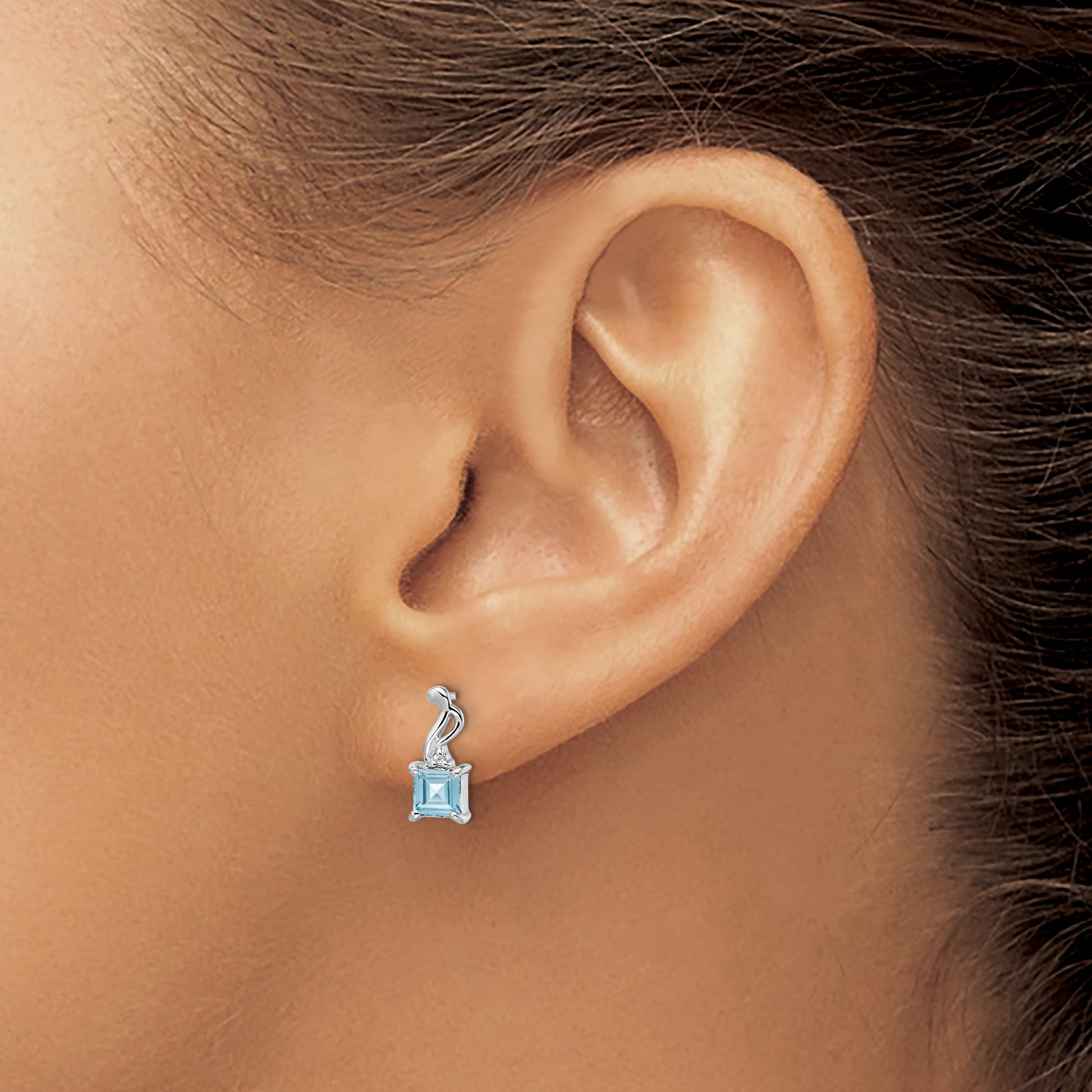 Sterling Silver Rhodium Plated Diamond and Blue Topaz Square Earrings