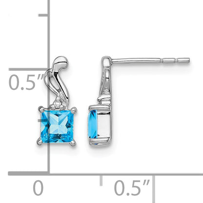 Sterling Silver Rhodium Plated Diamond and Blue Topaz Square Earrings