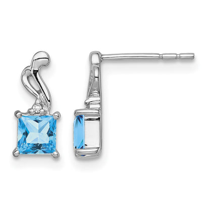 Sterling Silver Rhodium Plated Diamond and Blue Topaz Square Earrings