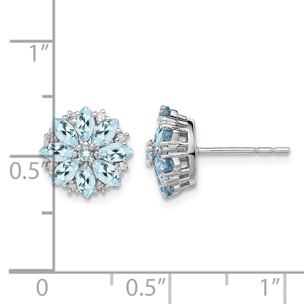 Sterling Silver Rhodium-plated Diamond & Aquamarine Earrings