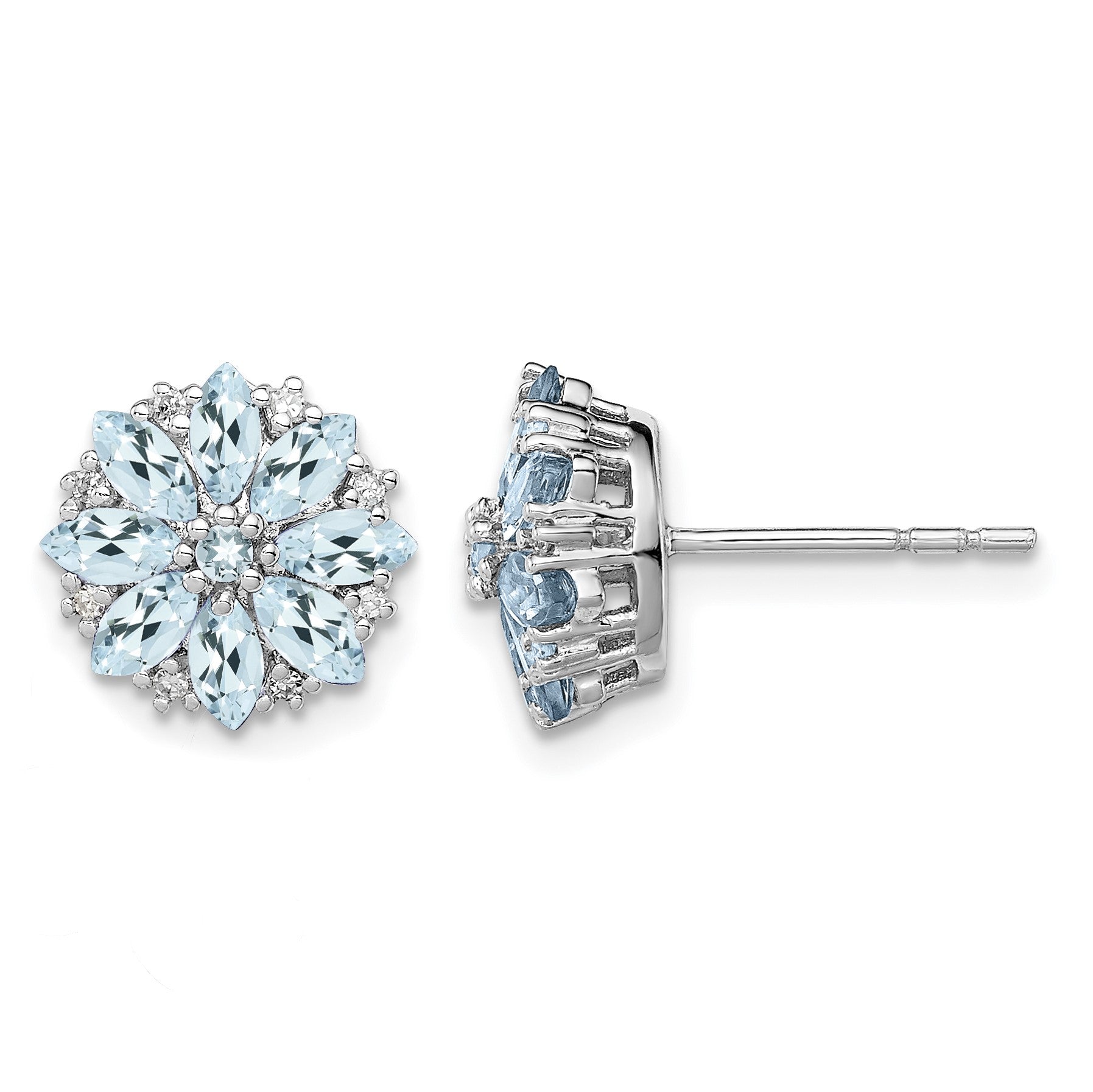 Sterling Silver Rhodium-plated Diamond & Aquamarine Earrings