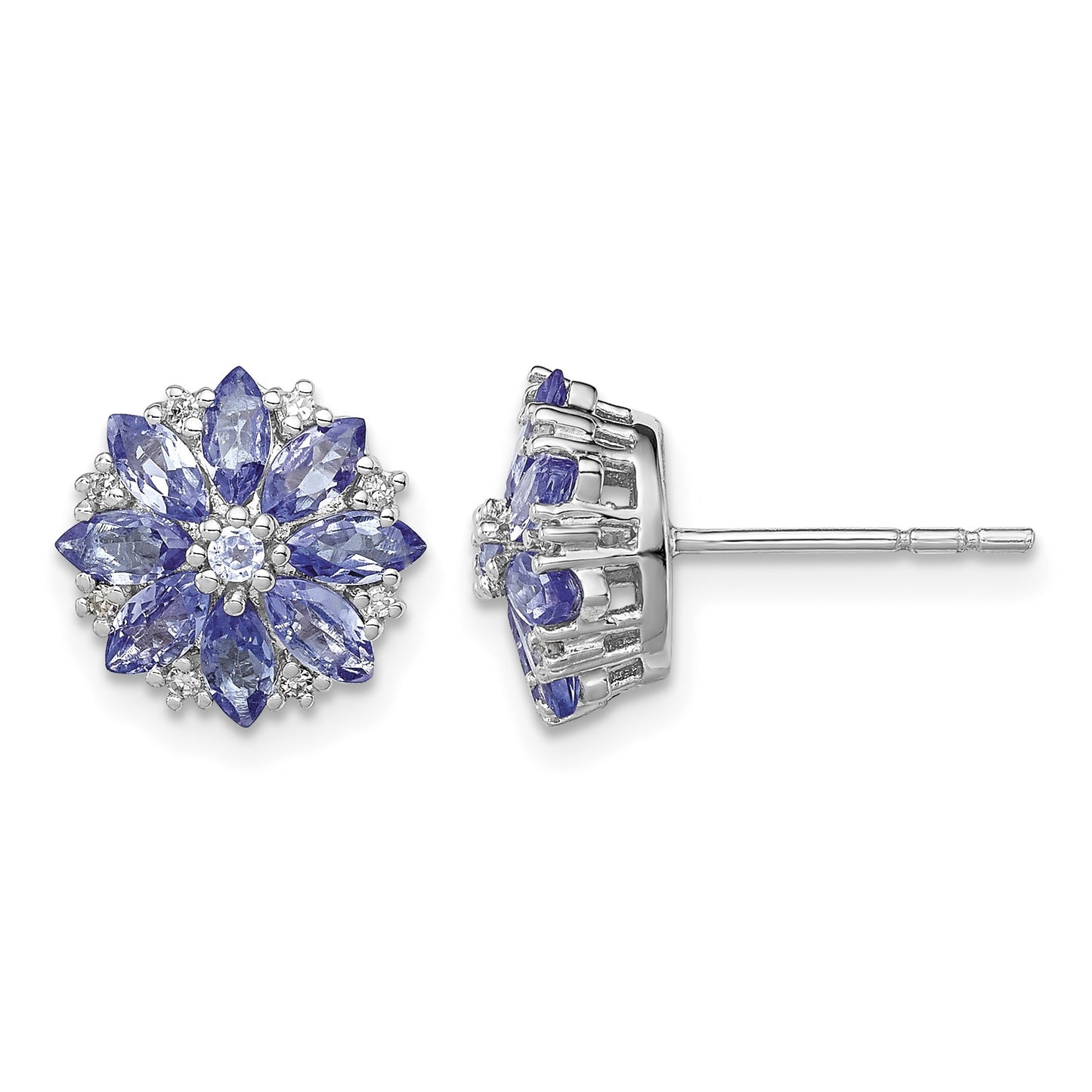 Sterling Silver Rhodium Plated Diamond & Tanzanite Post Earrings