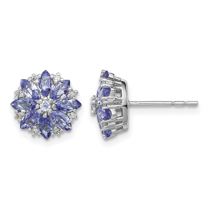 Sterling Silver Rhodium Plated Diamond & Tanzanite Post Earrings