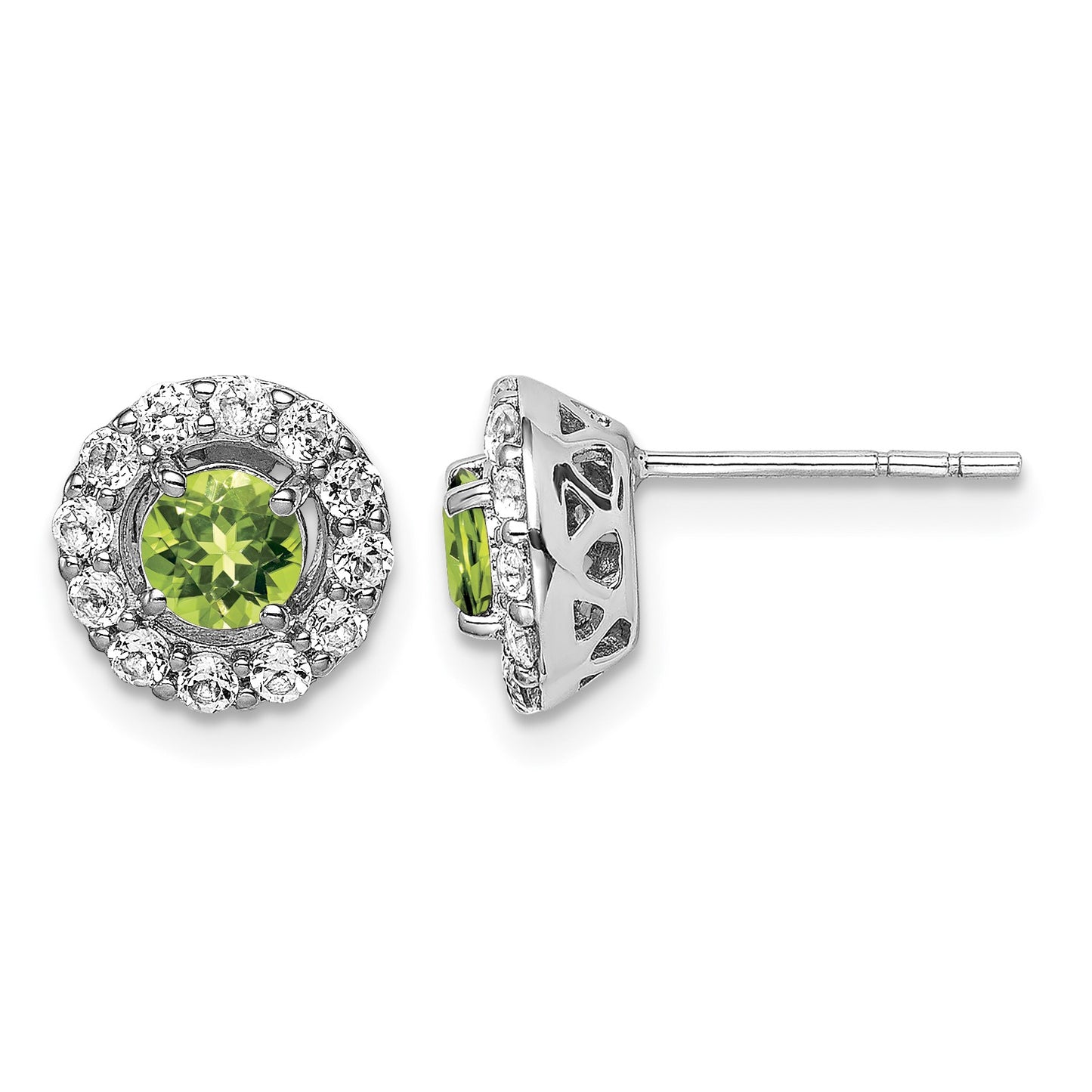 Sterling Silver Rhodium Plated White Topaz and Peridot Round Earrings