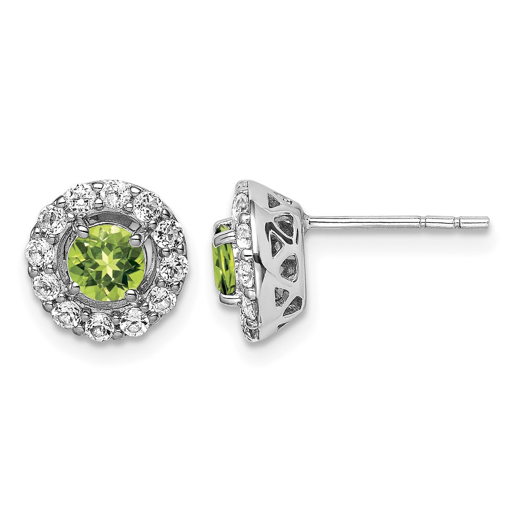 Sterling Silver Rhodium Plated White Topaz and Peridot Round Earrings