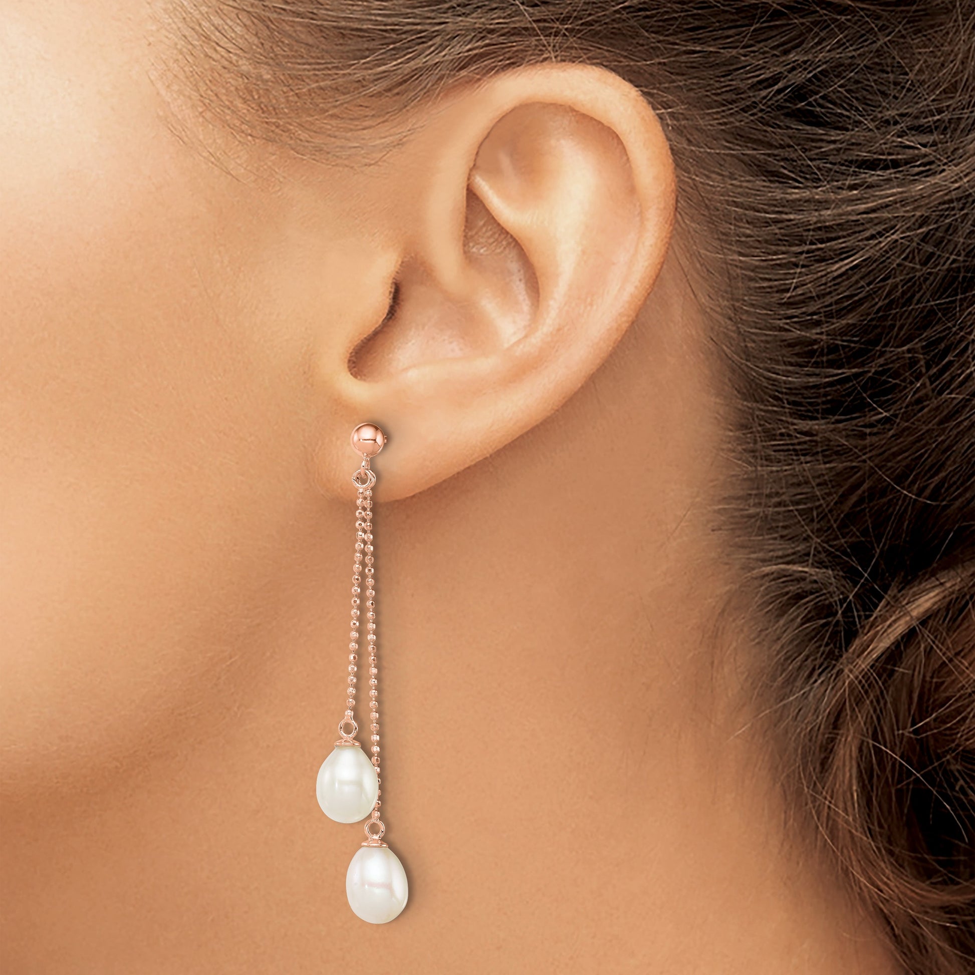 Sterling Silver Rose-tone 7-8mm White Rice Freshwater Cultured Pearl Post Dangle Earrings