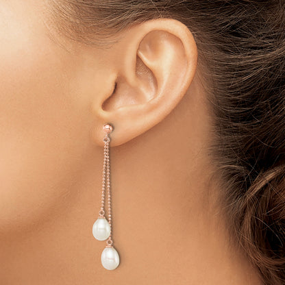 Sterling Silver Rose-tone 7-8mm White Rice Freshwater Cultured Pearl Post Dangle Earrings