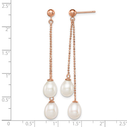 Sterling Silver Rose-tone 7-8mm White Rice Freshwater Cultured Pearl Post Dangle Earrings