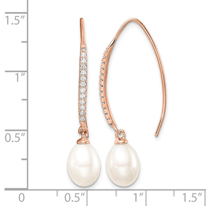 Sterling Silver Rose-tone 7-8mm White Teardrop Freshwater Cultured Pearl and CZ Threader Earrings