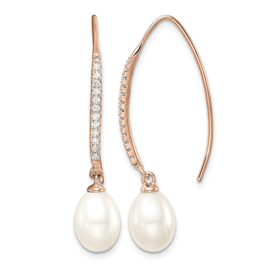 Sterling Silver Rose-tone 7-8mm White Teardrop Freshwater Cultured Pearl and CZ Threader Earrings