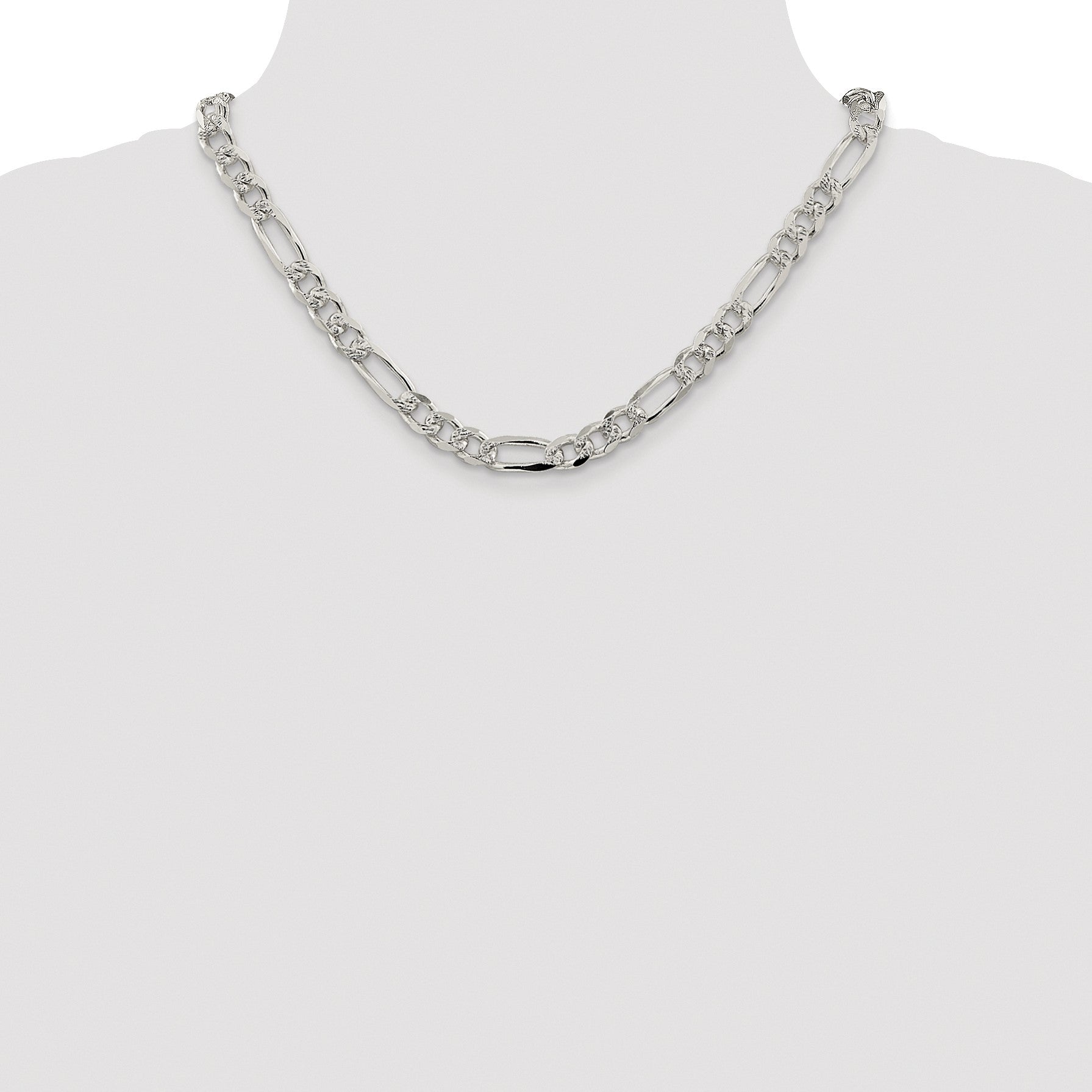 Sterling Silver Rhodium-plated 8mm Pav� Flat Figaro Chain