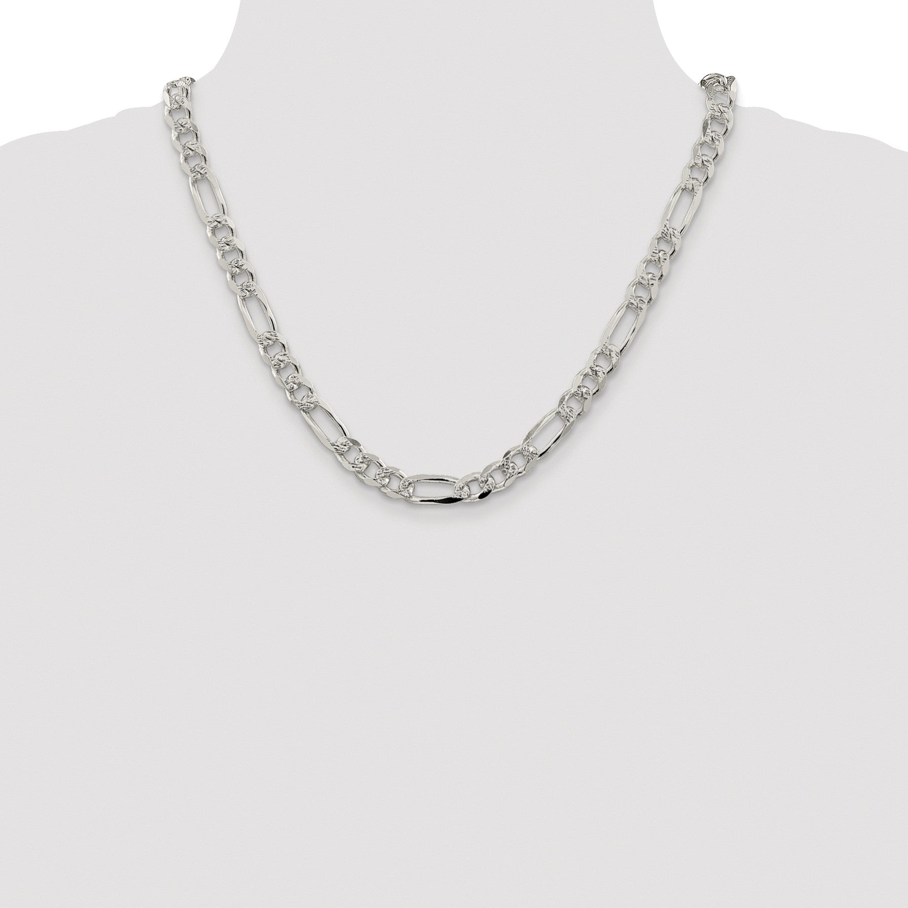 Sterling Silver Rhodium-plated 8mm Pav� Flat Figaro Chain
