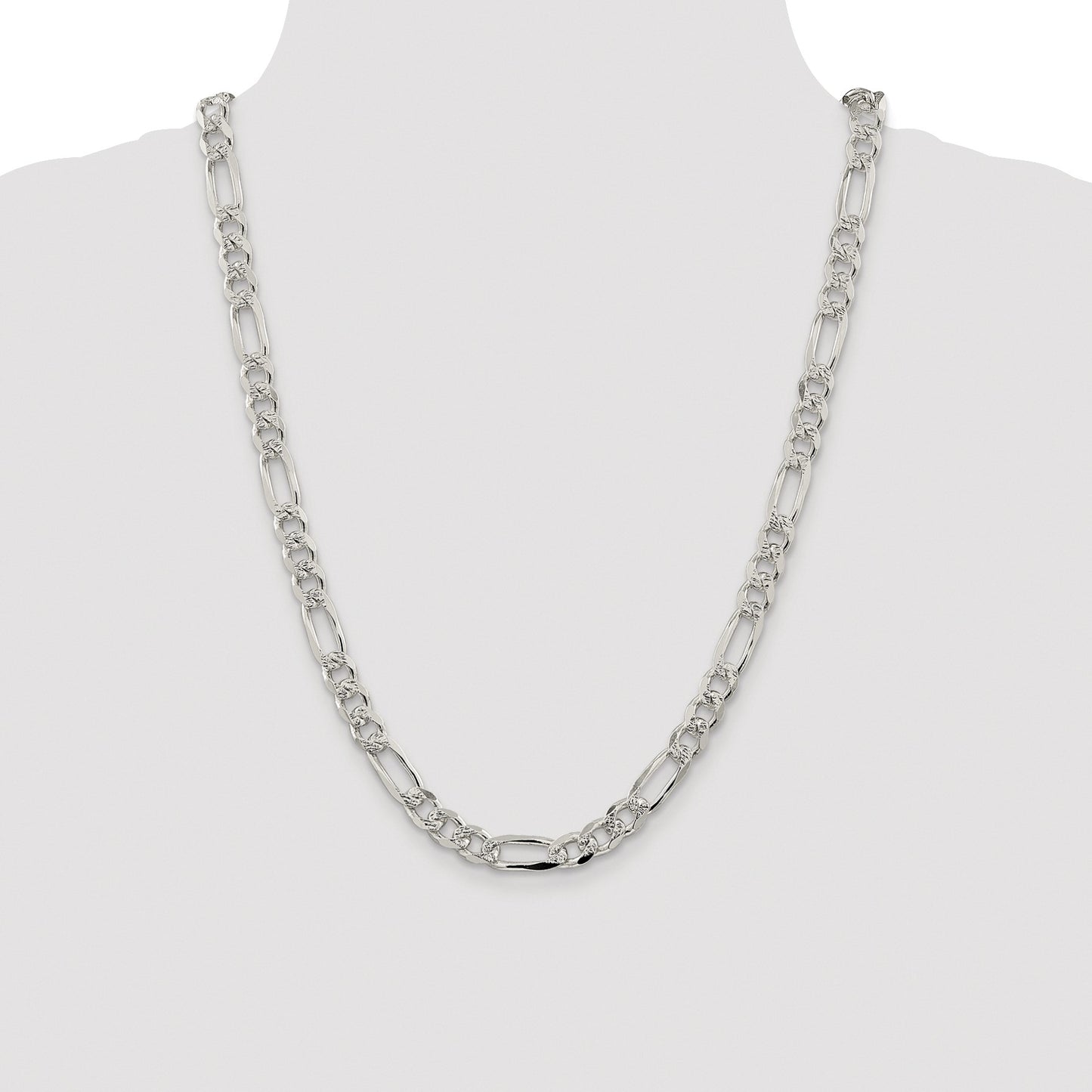 Sterling Silver Rhodium-plated 8mm Pav� Flat Figaro Chain
