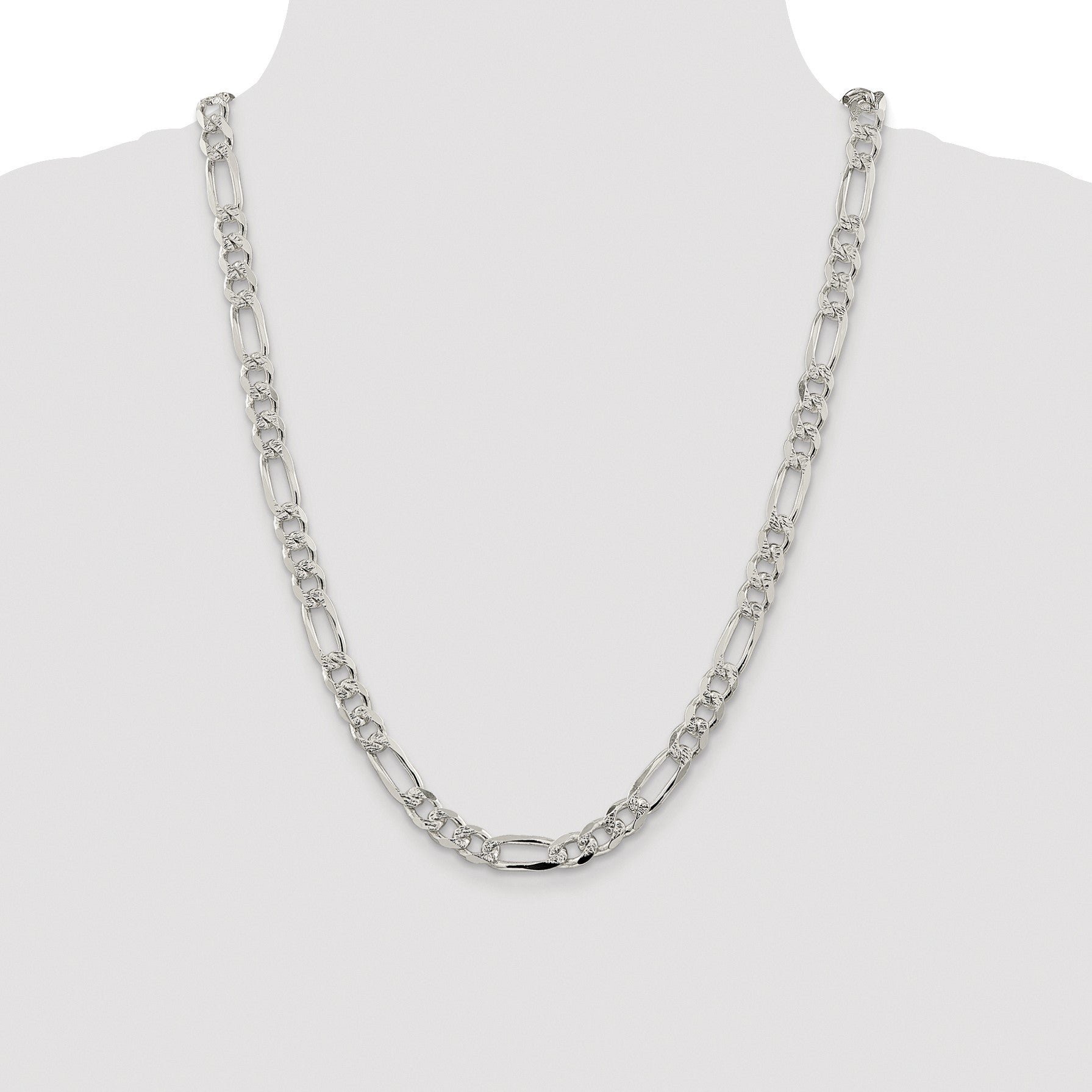 Sterling Silver Rhodium-plated 8mm Pav� Flat Figaro Chain