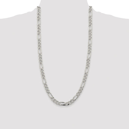 Sterling Silver Rhodium-plated 8mm Pave Flat Figaro Chain