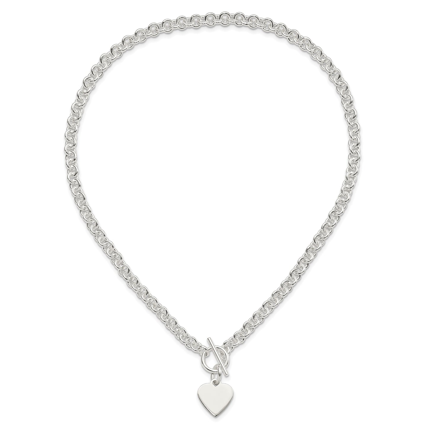 Sterling Silver Engraveable Heart Disc on Fancy Link Toggle 18in Necklace