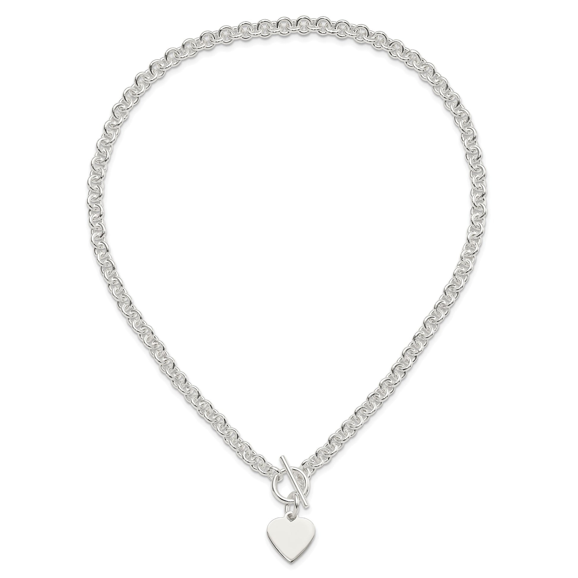 Sterling Silver Engraveable Heart Disc on Fancy Link Toggle 18in Necklace