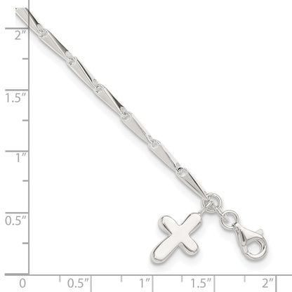 Sterling Silver 9 in Solid Polished Cross on Fancy Link Anklet